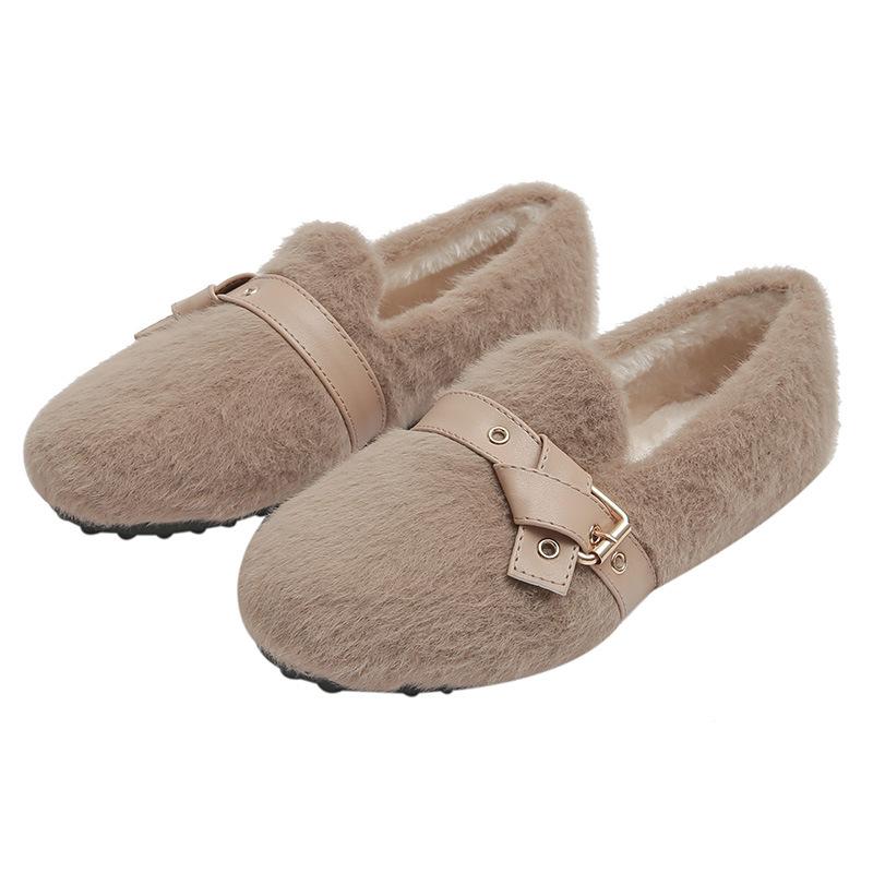 Fashion Mink Fur moccasins femme bow-knot belt buckle fleeces flats woman winter shoes women sneakers warm plush loafers big size 34-43