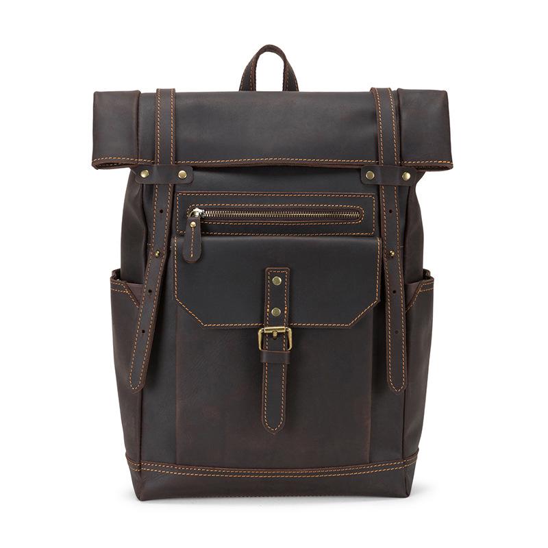 Men's Large Capacity Genuine Crazy Horse Leather Backpack for 15.6" Laptops – Trendy European & American Casual Travel Bag