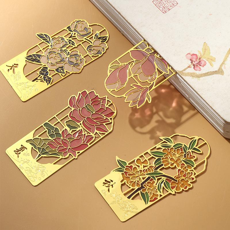 Customized Four Seasons Flower Metal Bookmark Hollow Transparent Paint