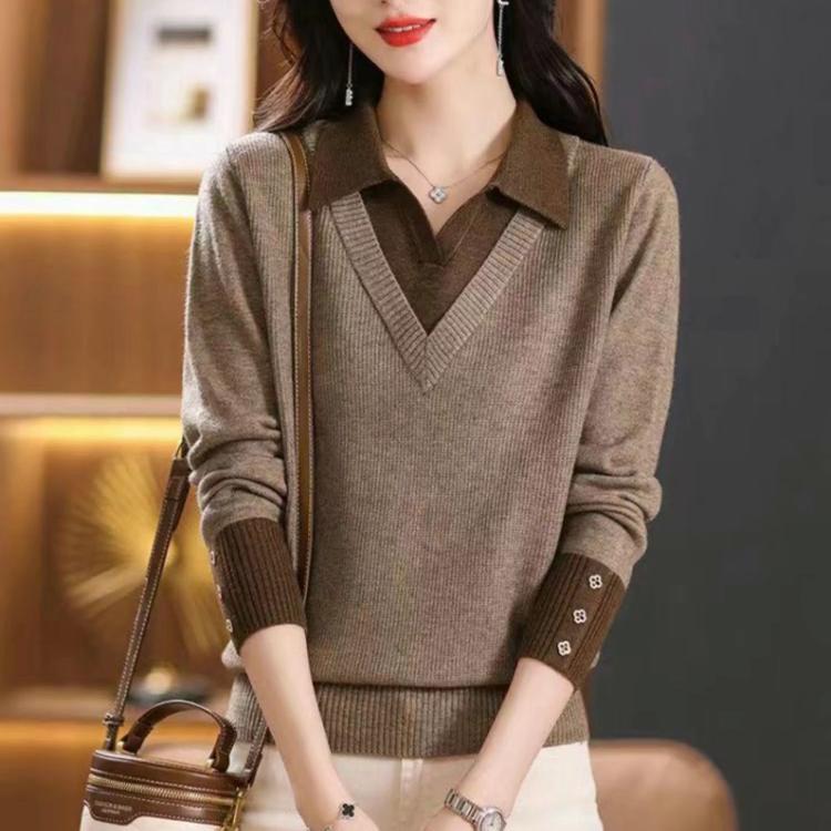 Fashion Original Autumn New Fake Two Piece Polo Neck Sweater Women's Contrast Button Loose Simple Patchwork Long Sleeve Knit Top