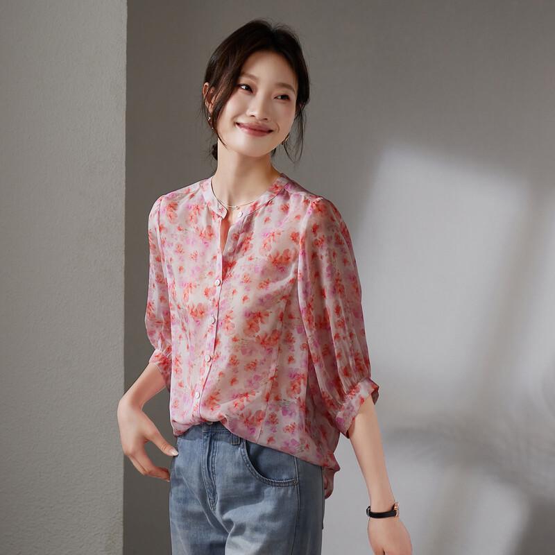SOFSIL 2026 Summer Elegant Printed Silk Seven-Sleeve Shirt