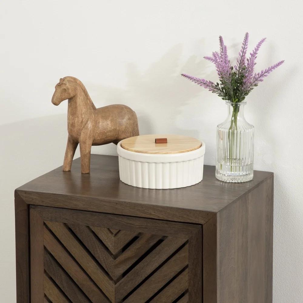 Ceramic Decorative Container with Wooden Lid and Faux Leather Handle Ideal Storing Small Items Jewelry and Mementos