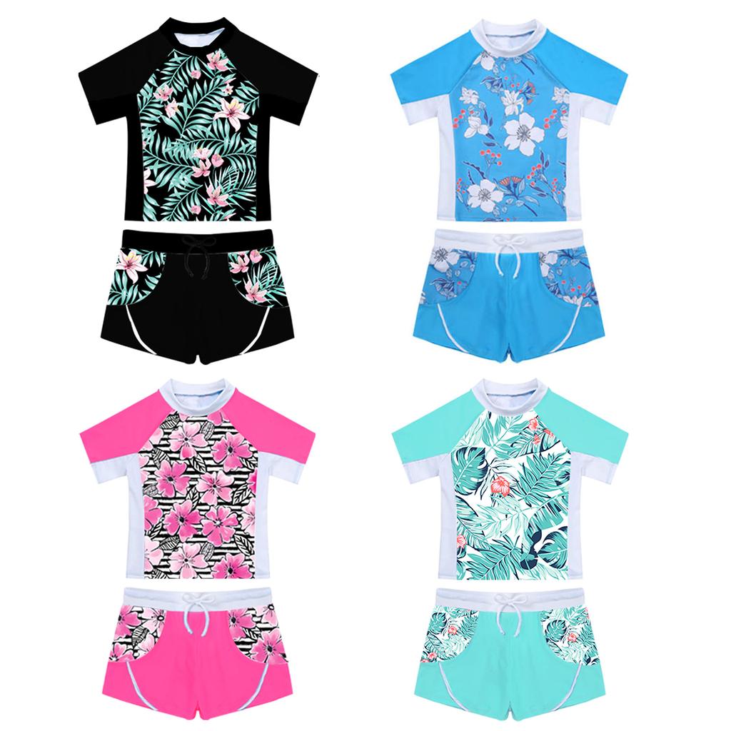 Kids Girls Rash Guard Flower Printed Tankini Set T-Shirt with Swim Short Pants Swimsuit Bathing Suit