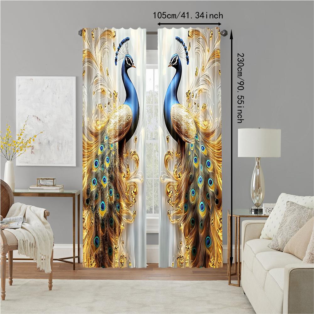 2Pcs Golden Feather Peacock Printed Window Curtains Elegance To Your Home With Luxurious Design And Vibrant Colors Machine