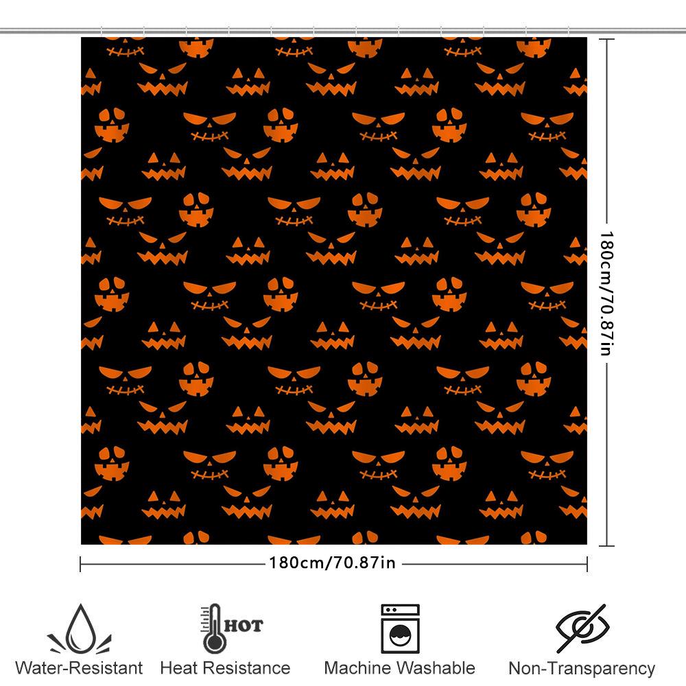 Halloween-Themed Waterproof Shower Curtain Featuring Spooky Jack-O'-Lanterns On Black Background Perfect For Creating A Festive