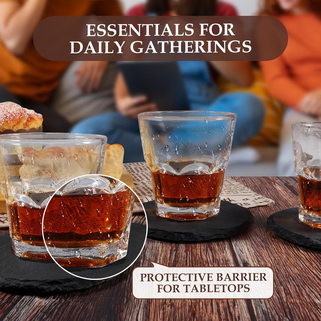 Coasters Black Slate 8pcs Drink Coasters With Metal Holder Stone Coaster Set Coffee Table Decor Tabletop Protection