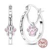925 Sterling Silver Cute Cat Paw Dangle Hoop Earrings Pink Cubic Zirconia Paved Minimalist Pet Lover Jewelry for Women Gift