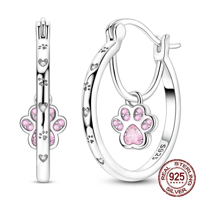 925 Sterling Silver Cute Cat Paw Dangle Hoop Earrings Pink Cubic Zirconia Paved Minimalist Pet Lover Jewelry for Women Gift