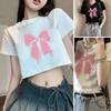 South East Asia Popular Short-sleeved T-shirt Women's Summer New Front Shoulder Round Neck Short Bow Print Top Tide