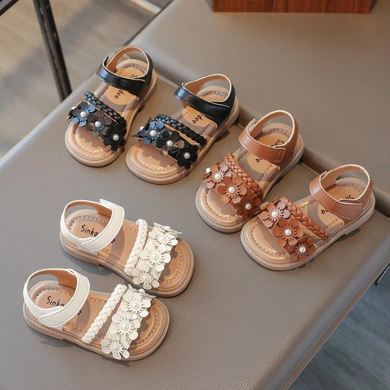 Girls Weave Sandals with Flowers 2025 Brand New Fashion Kids Floral Summer Beach Shoes Open Toes Anti-skid Soft Princess Sweet
