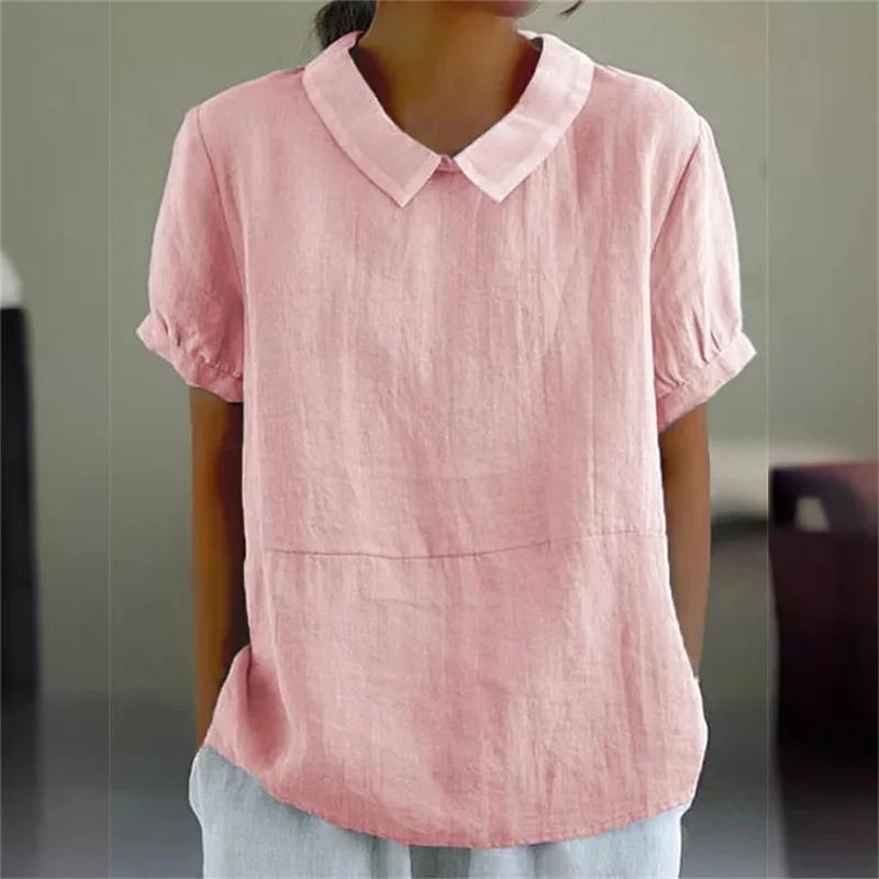Women Summer Short Sleeve Blouse Solid Color Cotton Linen Lapel Pullover Shirt Female Comfortable Casual Simple Style Tops