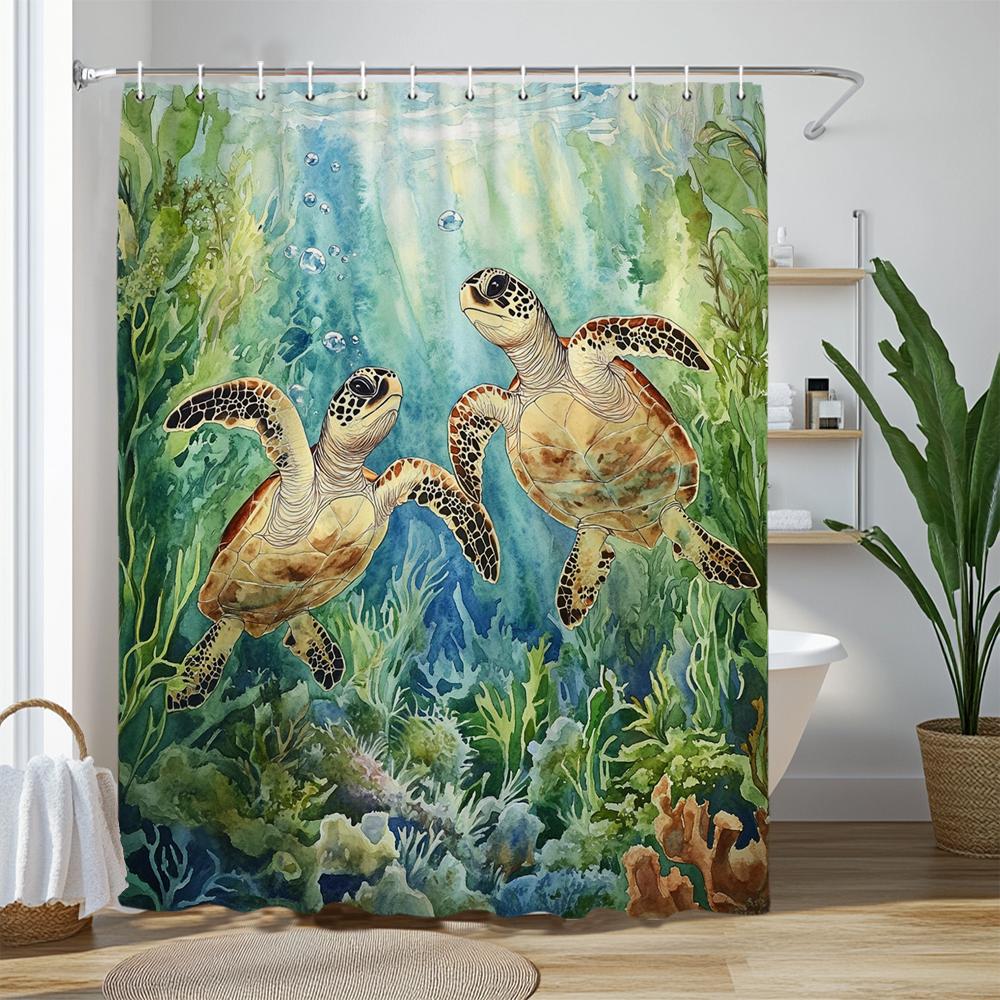 Sea Turtle Shower Curtain, Beach Coastal Sea Turtle Starfish Jellyfish Underwater Creatures Bathroom Decorative Shower Curtains