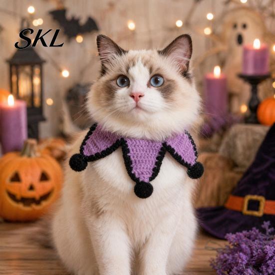Soft Pet Bib Knitted Star Bib, Handmade Shape Cat Crochet Small Dog with Black Pom-poms for Cats Dogs Halloween Outfit Five-pointed