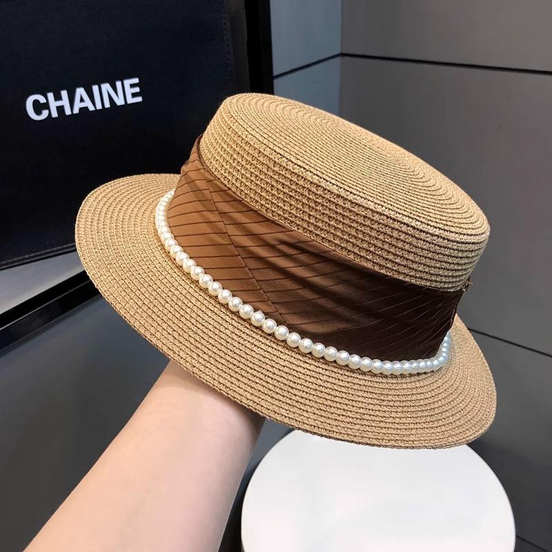 Hat women 2025 new summer retro fashion pearl straw top hat travel seaside flat top celebrity style straw hat