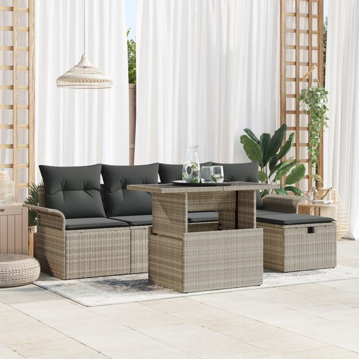 Ensemble de canapés de jardin 6 pièces avec coussins gris clair, Canapé de jardin 2 places avec rangement et coussins gris 3361001