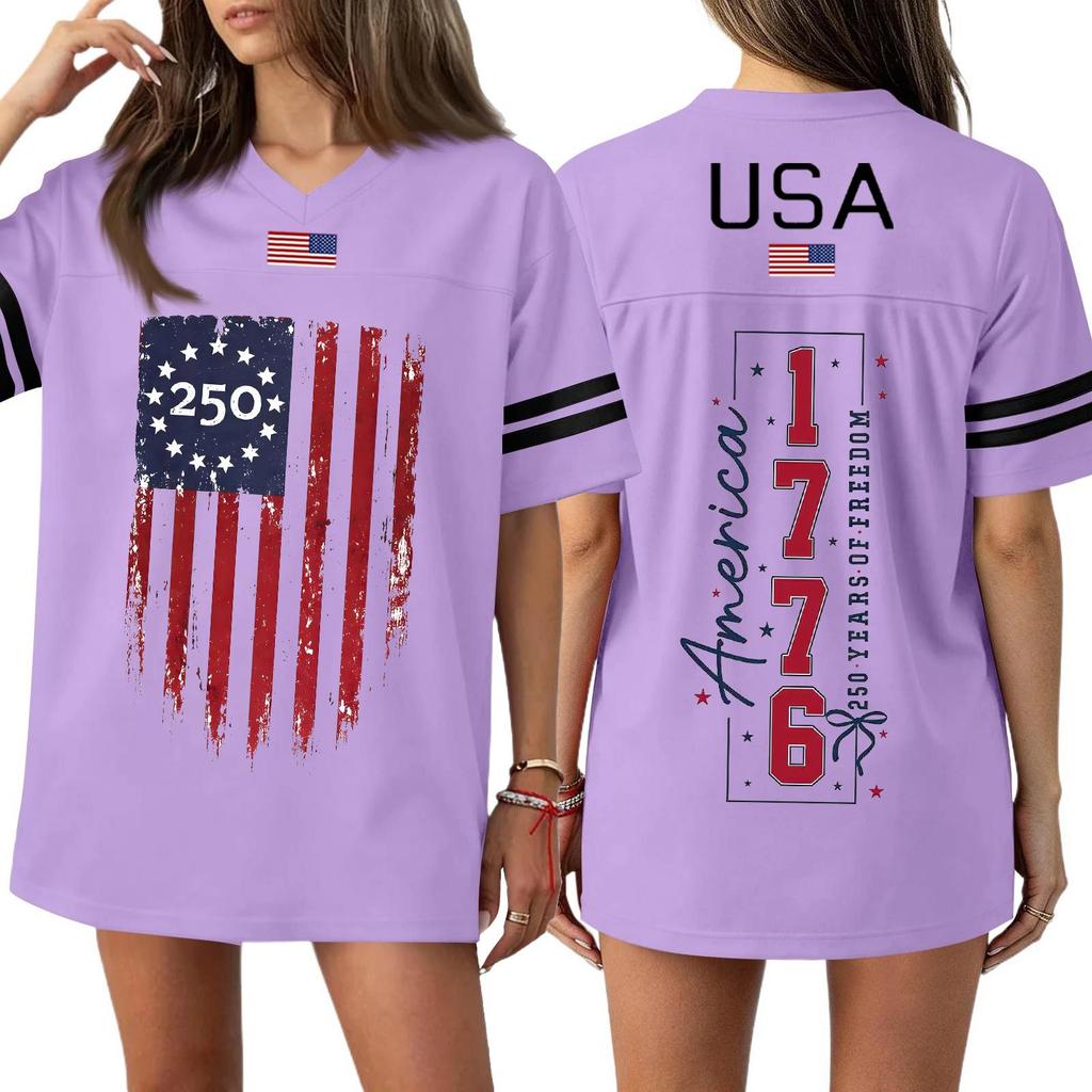 Women's Casual Fashion V-Neck Sports Independence Day Print Short Sleeve Sports T-Shirt Top