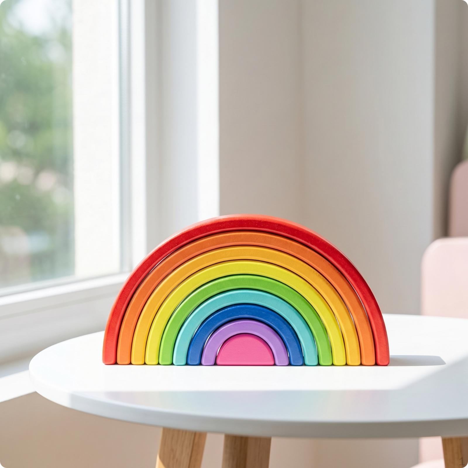 Rainbow Arch Block Nested Blocks with Base Curved Wooden Stacking for Young Children, Small Rainbow
