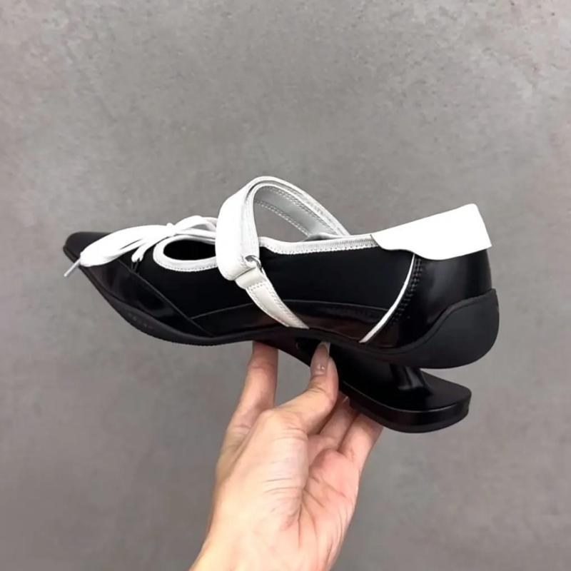 Novelty Special Heel Spliced Heels Pointed Toe Women's Fashion Shallow Mouth Bow Non-Slip Mary Jane Single Shoes Woman Pumps