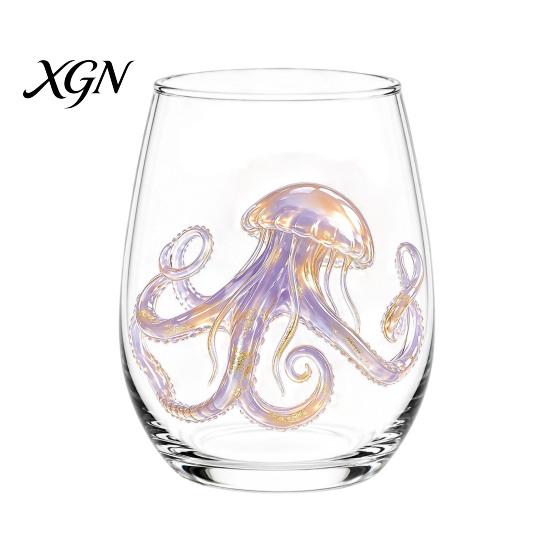 Personalized Daily Use Glassware Stemless Wine Glasses with Marine Animal Pattern, 420ml Capacity, High Borosilicate Halloween Themed Drinking