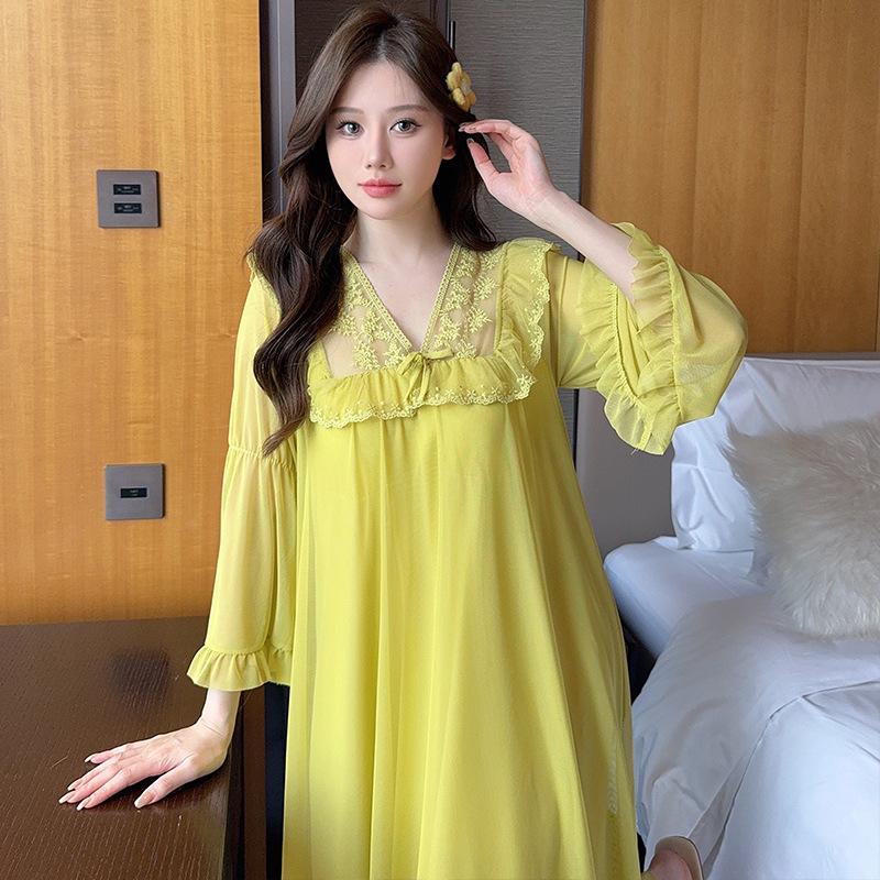 Ling Lei Chunqiu Solid Color V-Neck Lace Bow Mesh Court Princess Style Medium Long Pajamas Pajamas Homewear