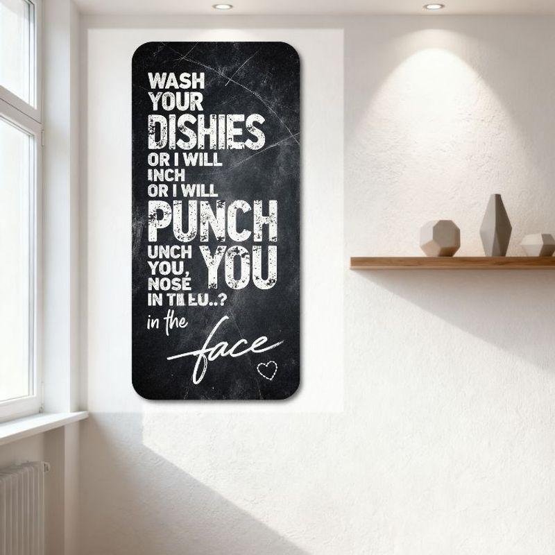 Humor Threatening Wash Dishes Metal Tin Sign, Vintage Distressed Chalkboard Style, Funny Punch Nose In Face with Heart Icon for