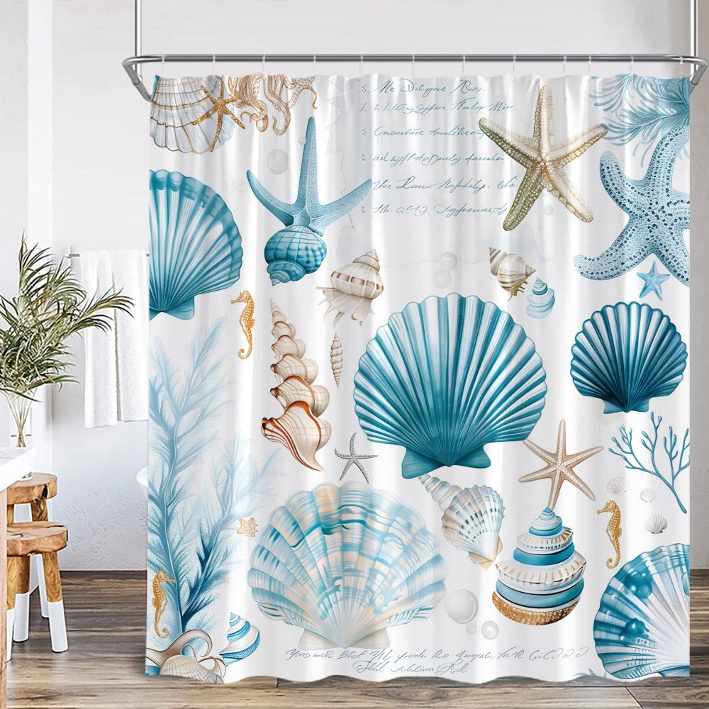 Nautical Sea Blue Shower Curtain Seashell Coral Seafish Seaweed Rudder Conch Ocean Bathroom Decoration Polyester Bathtub Curtain