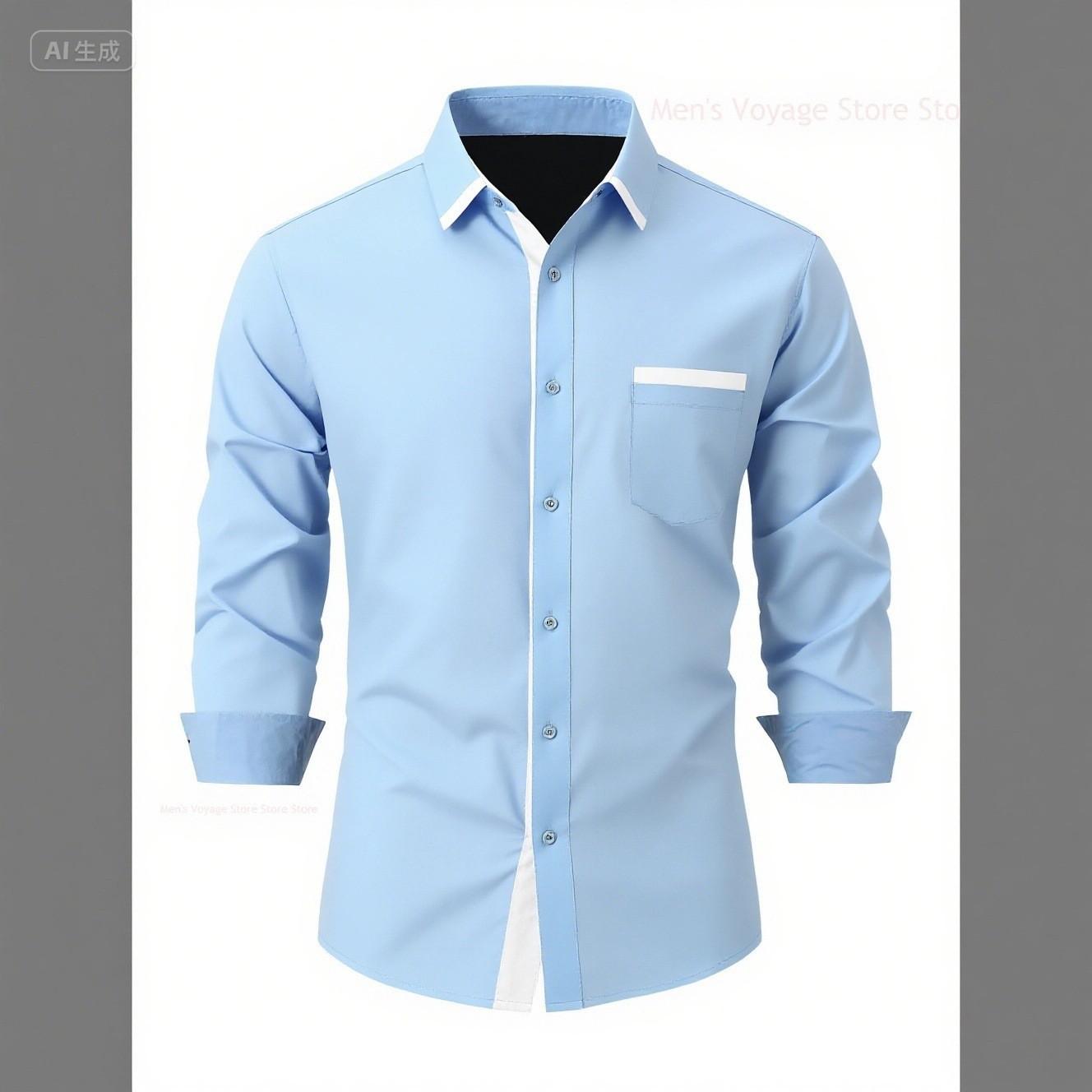 

2025 Fashionable Men s Four-Way Stretch Men s Shirt Color Block Business Slim Long Sleeve High-End Shirt L синій