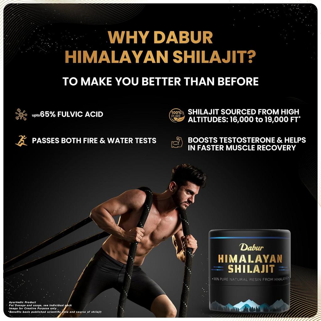 Dabur Himalájská pryskyřice Shilajit 10 g | Dávka 250 mg | Podpořte růst svalů, vytrvalost a energii přirozeně