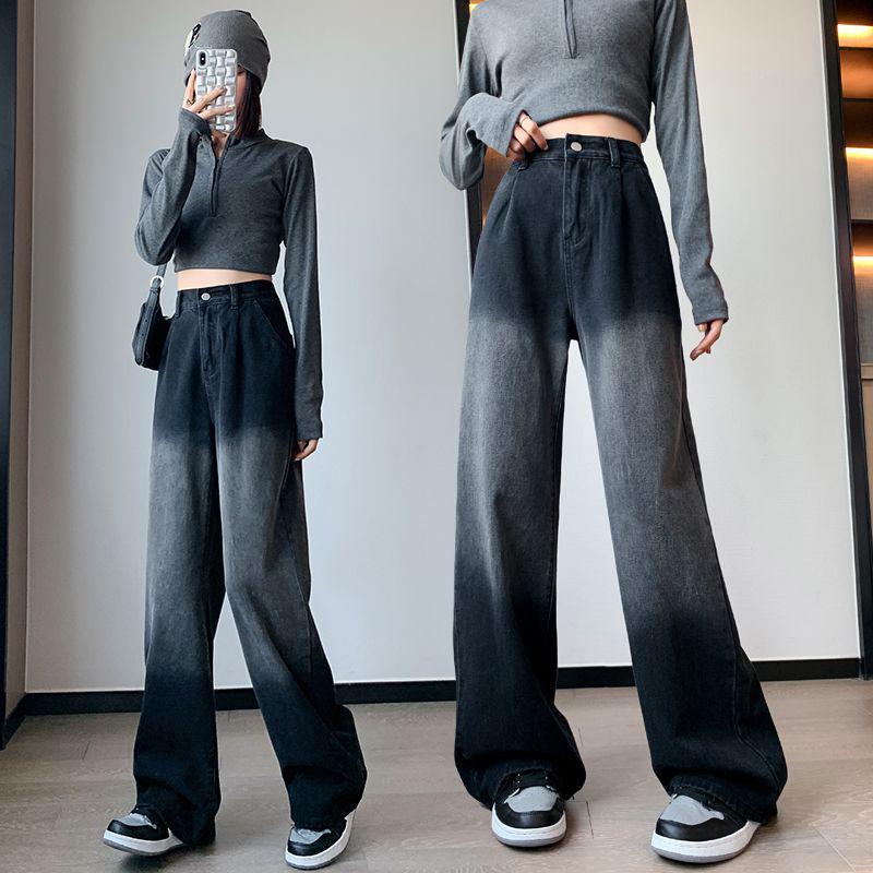 Plus Size Women's Black Denim Pants, Loose Elastic Waist, Wide-Leg, Straight, Floor-Length, Winter Extra Thick, Slimming, Fits Up to 200 Jin.