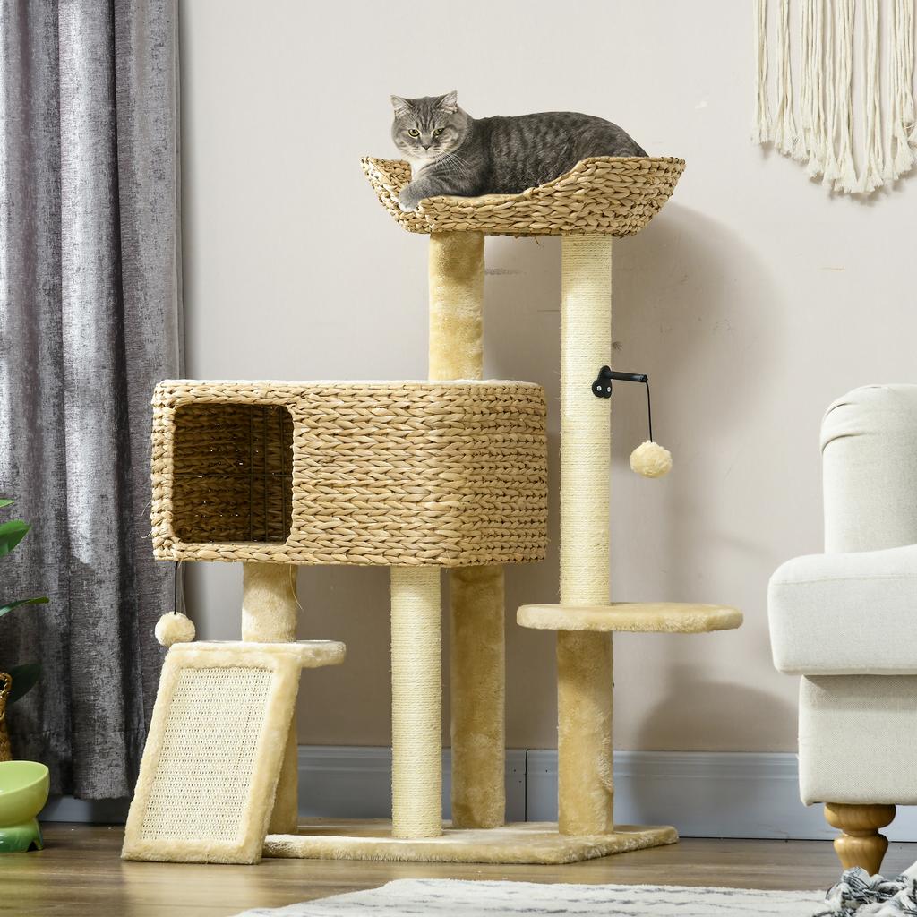 95cm Cat Tree Tower for Indoor Cats, with Scratching Post, Cat House, Toy Ball, Platform - Beige