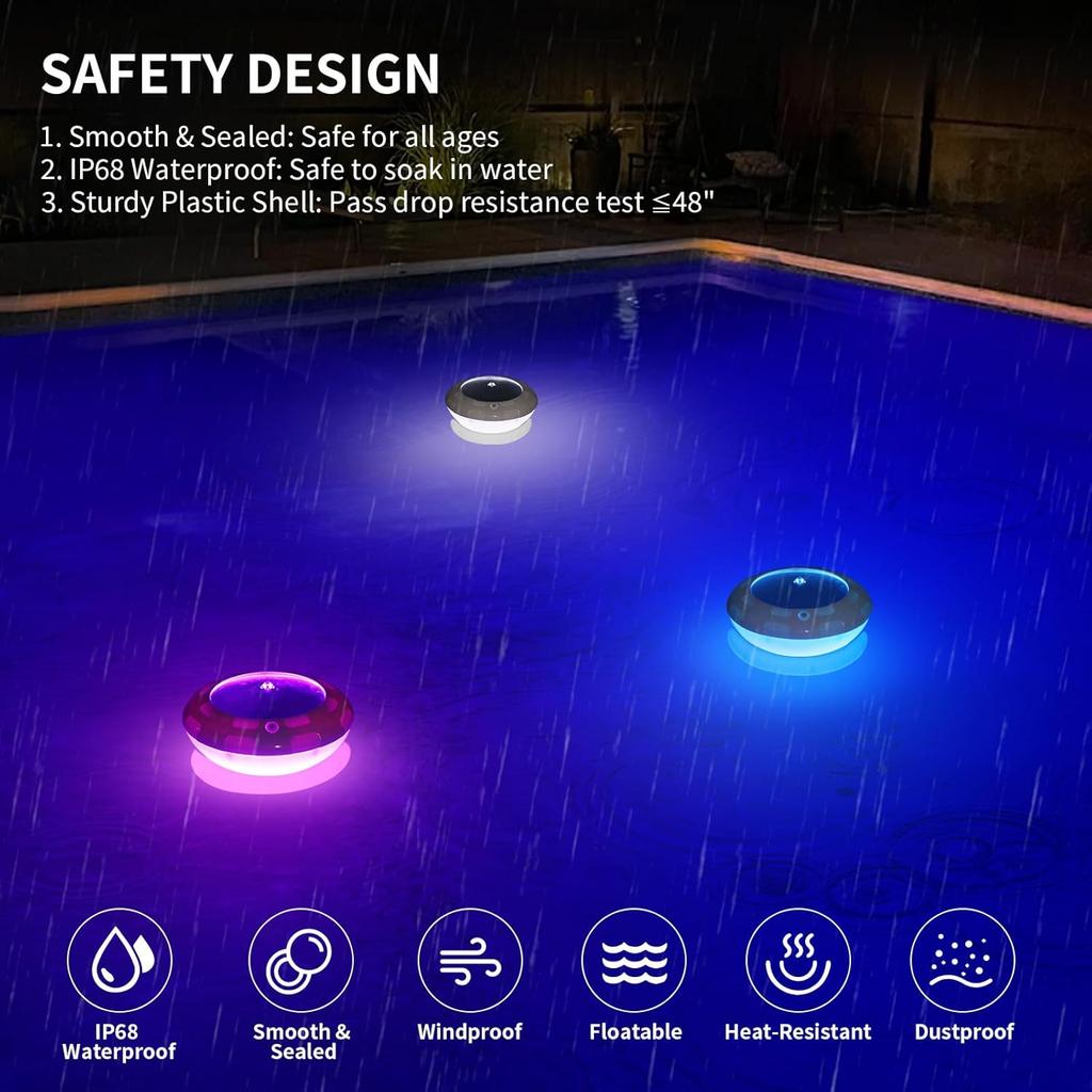 Solar Floating Pool Lights, RGB Color Changing Pool Lights That Float with Dynamic Light Show, 6.5" Swimming Pool Lights, IP68 Waterproof & Hangable