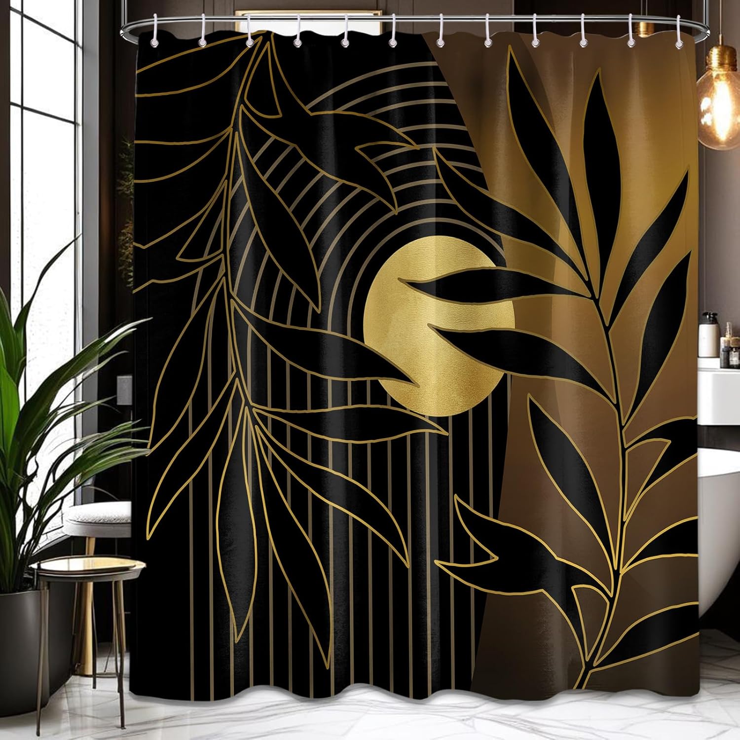 

Black And Gold Boho Shower Curtain, Mid Century Modern Shower Curtains For Bathroom, Mens Bath Curtain Set, Waterproof Fabric W60H190(CM)-1 Pcs