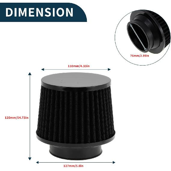 Engine Air Filter 76mm High Flow Cylinder Clamp-On Cold Air Intake Filter Closed-Top Cool Air Filter Cleaner 1 Clamp Black for Car