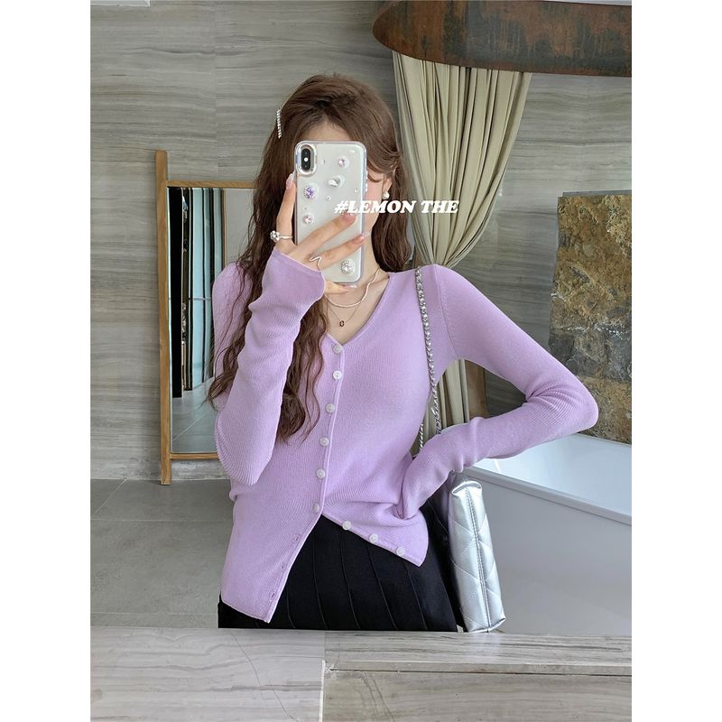 

Лимонно-мятный зеленый V-образный вырез тонкий трикотаж женский осенний для девушки с длинным рукавом тонкое пальто дофаминовый сексуальный Purple All yards