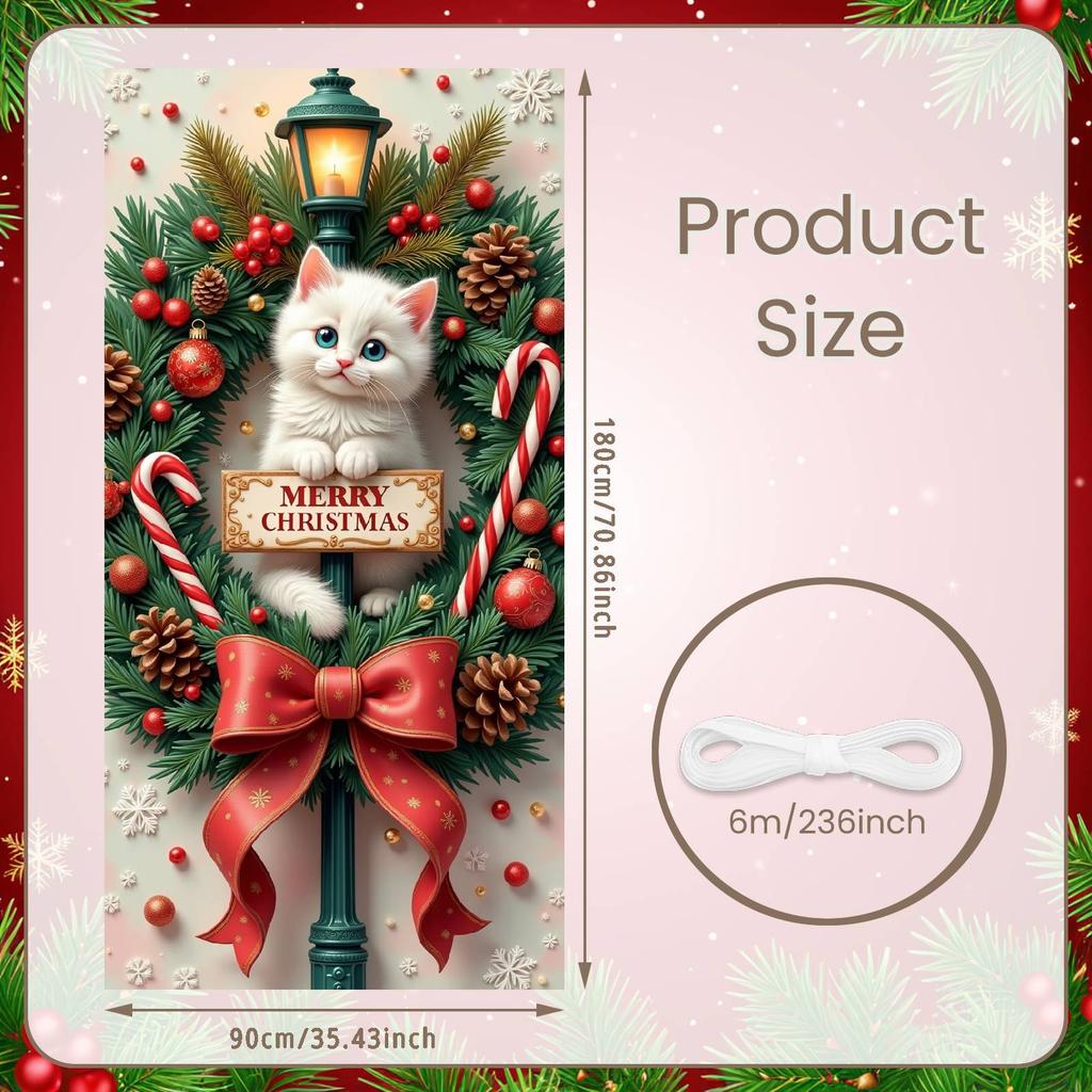 Cat Theme Christmas Banner Snowy Scene Wreath Kitten Christmas Party Decoration Backdrop Xmas New Year Party Photo Shoot Prop