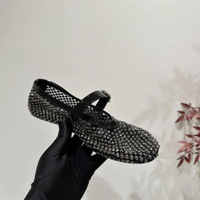 Letní novinka 2024 Dámské Mary Jane Water Diamond Mesh Ploché dno Baletní sandály s mělkými ústy Dámské boty s kulatou špičkou