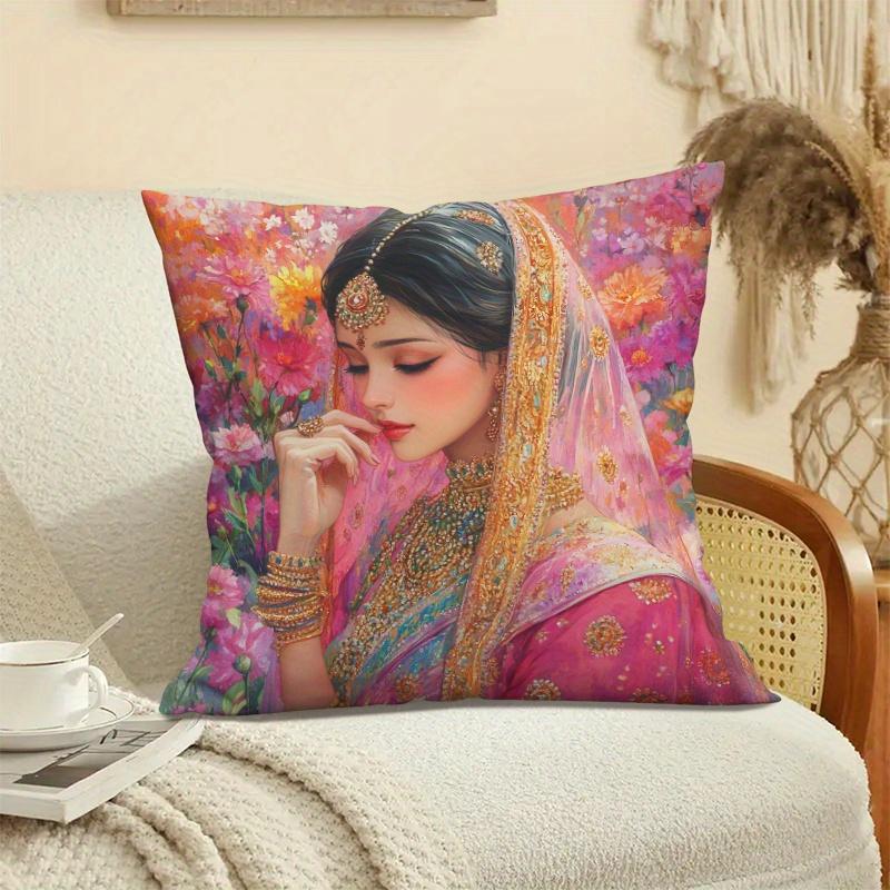 1Pc Bohemian Indian Bride Pillow Cover, Polyester 2D Double-Sided Print, Colorful Floral Sari Bride Design, Exotic Aesthetic Acc