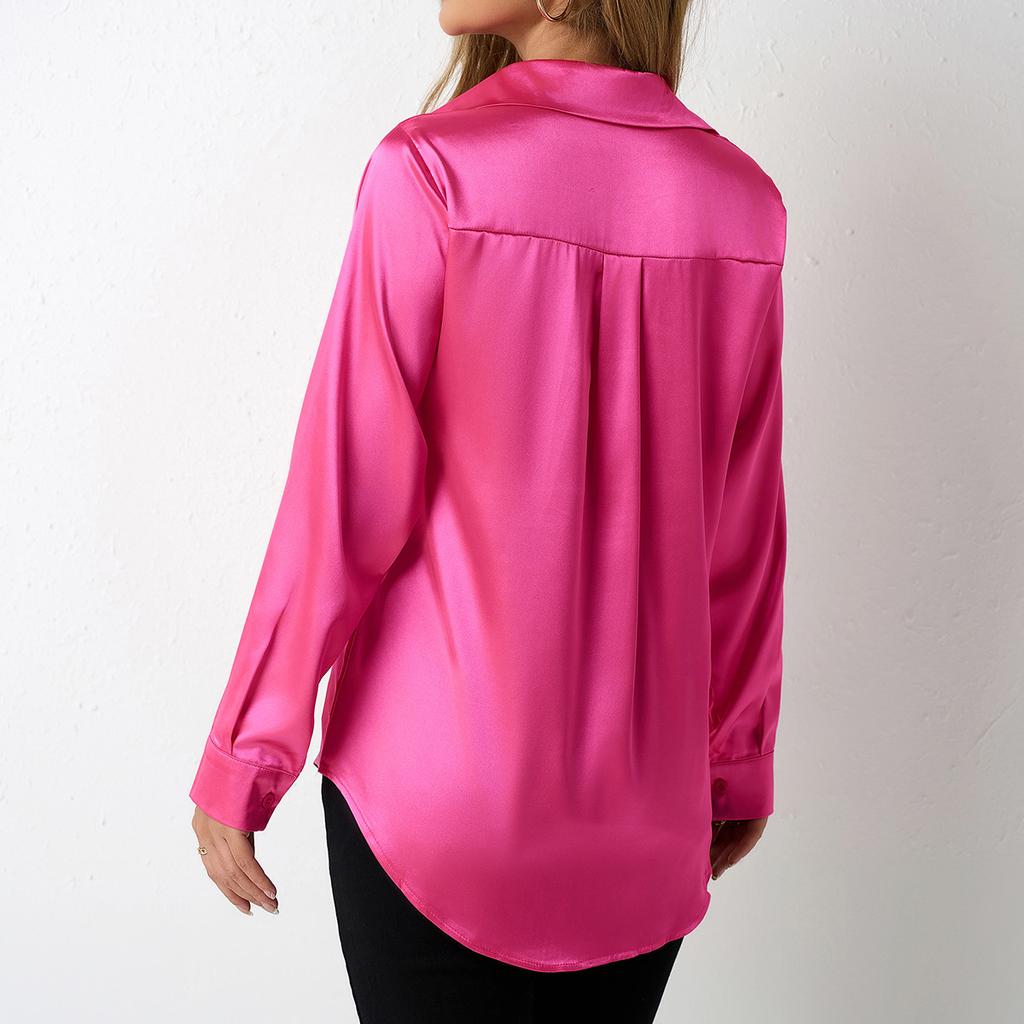 Women's Satin Shirt Imitation Silk Long Sleeved Blouses & Shirts
