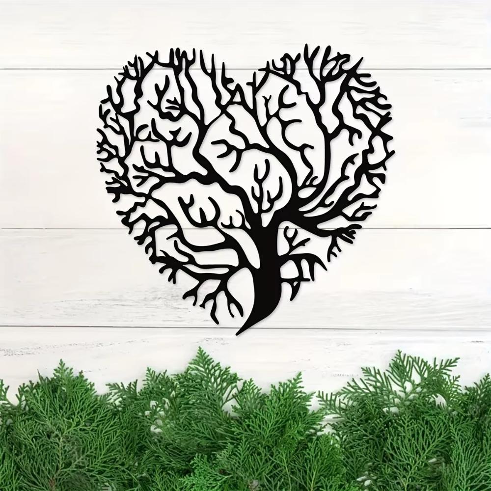 1pc Black Metal Iron Art Home Wall Decoration, Tree of Life Heart Shaped - Metal Wall Garden Art, Heart wall art