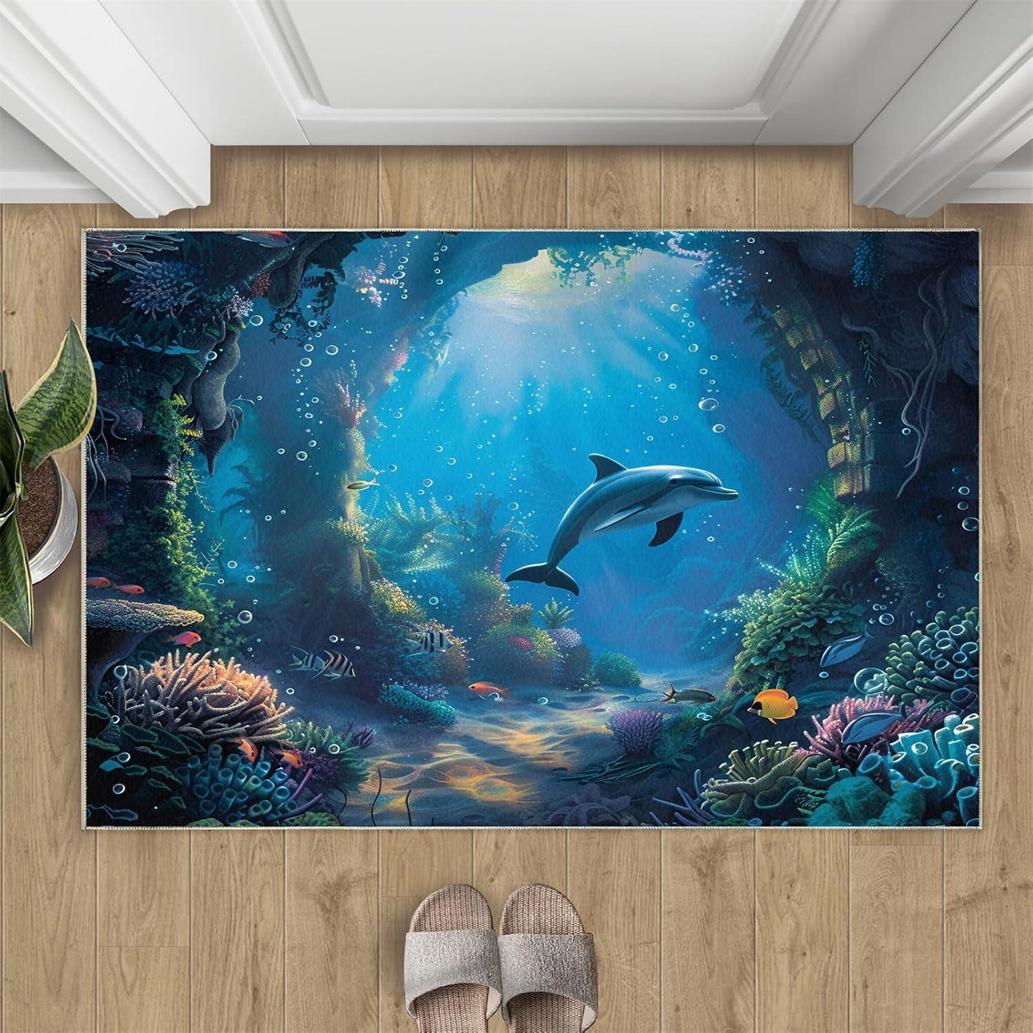 

3D Optical Illusion Ocean Door Mat Dolphin Coral Pattern Welcome Rug Soft Non-Slip Home Decor Carpet for Living Room Bedroom 50X80cm