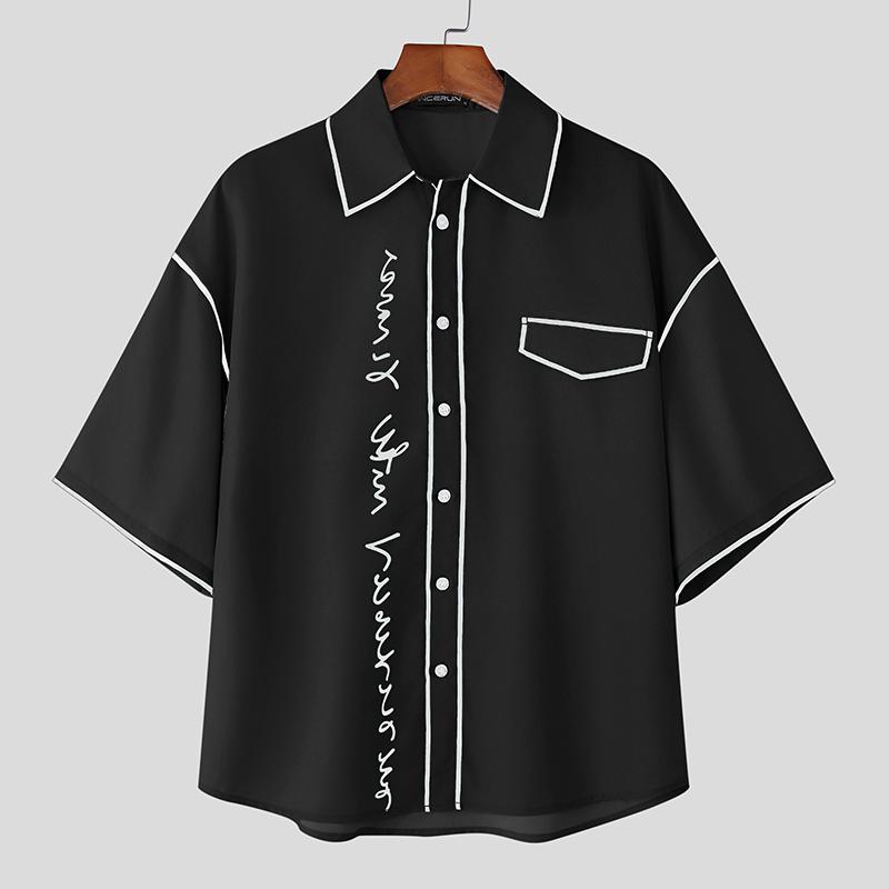 

INCERUN Мужские рубашки оверсайз повседневные с лацканами, с короткими рукавами, с принтом в стиле пэчворк S чёрный