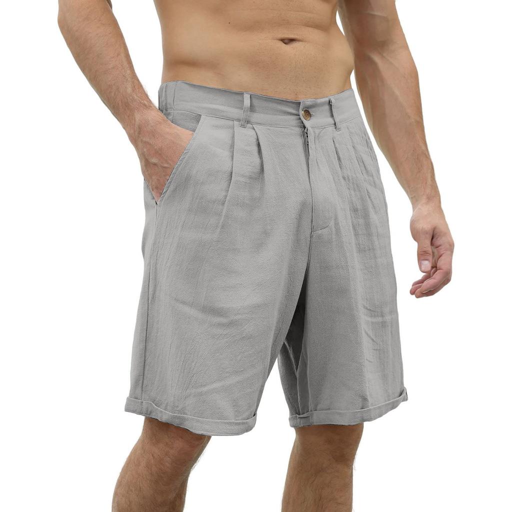 Men Linen Blend Casual Beach Shorts Classic Summer Shorts with Button and Elastic Waistband Relaxed Fit Pockets