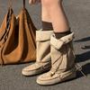 European Station 2025 Autumn New Leather Tassel Strap Tall Western Boots Flat Bottom Foldable Pile Boots Women
