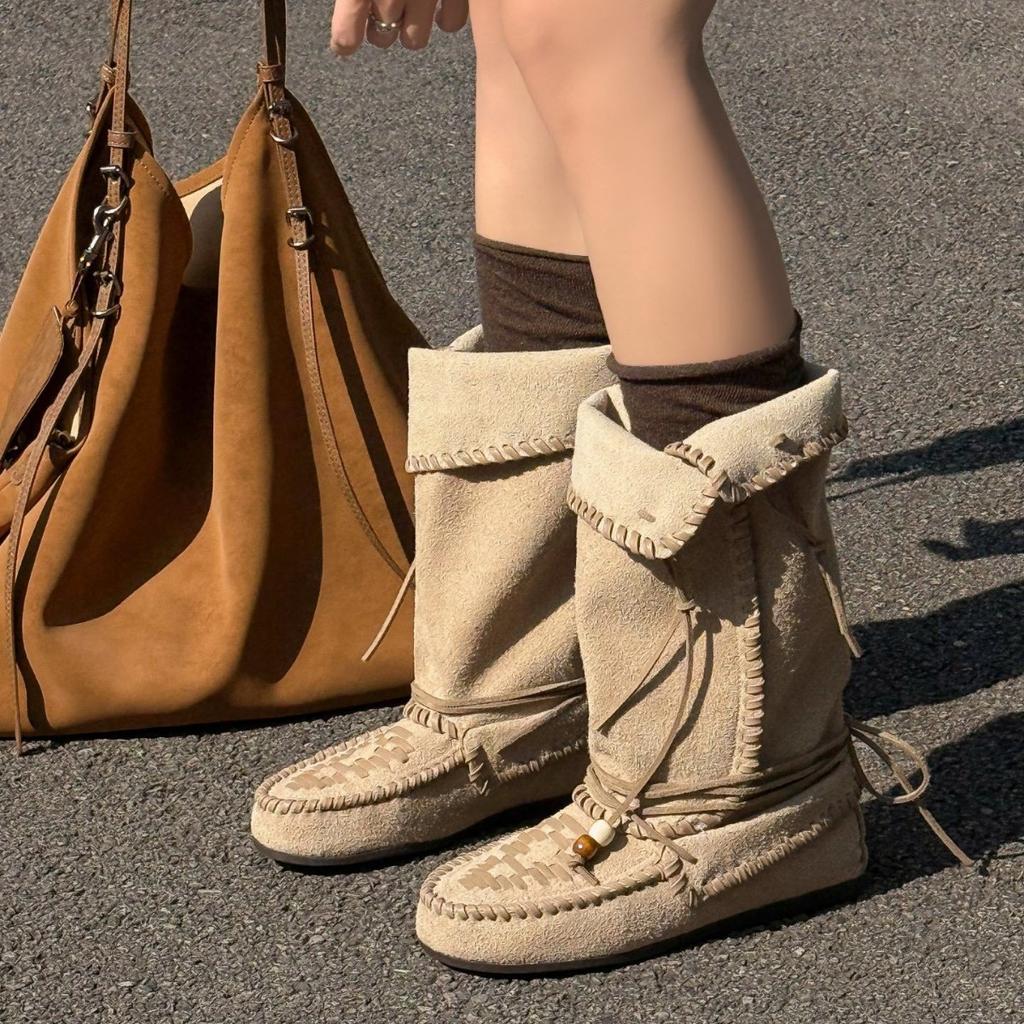 European Station 2025 Autumn New Leather Tassel Strap Tall Western Boots Flat Bottom Foldable Pile Boots Women