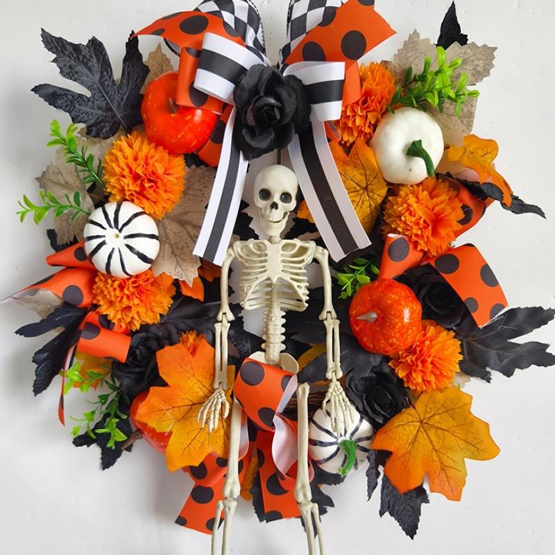 Halloween Skull Wreath Gothic Garland Creepy Decor Pendant For Front Door,Porch,Window, Indoor Outdoor Home Halloween Decor