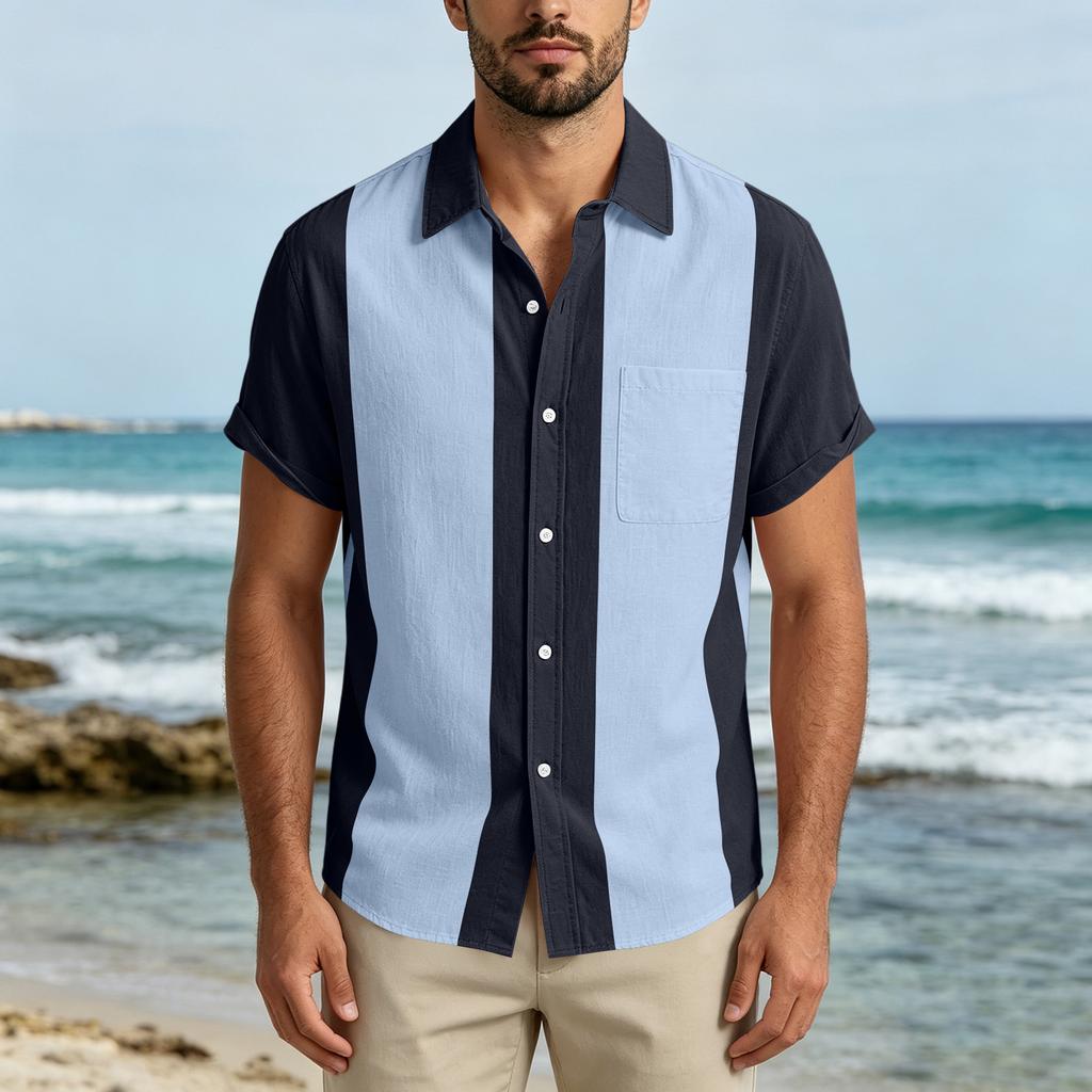 Men Short Sleeve Casual Button Down Shirt Relaxed Fit Lightweight Fabric Vertical Stripe Pattern Lapel Collar Pocket Design
