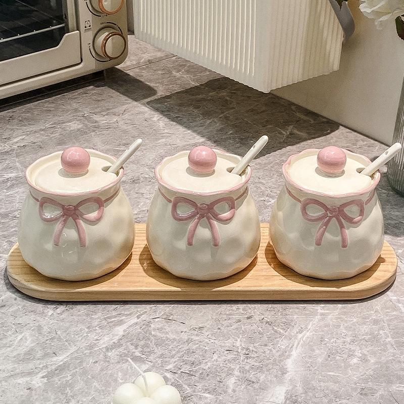 Cute bow seasoning jar kitchen household combination set ceramic seasoning box pepper salt jar spice storage box