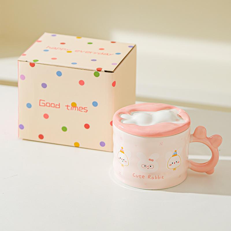 

Premium Little Rabbit Cartoon Ceramic Cup with Lid for Girls with High Temperature Mug Cute Creative Water Cup Office Gift Cup 301-400ml