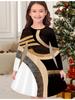 Mädchen Herbst- und Wintermode Kleid, 3D Geometrischer Musterdruck Rundhalsausschnitt Lang Kinder-T-Shirt Kleid, Lässig Vielseitig, Weihnachtskleidung