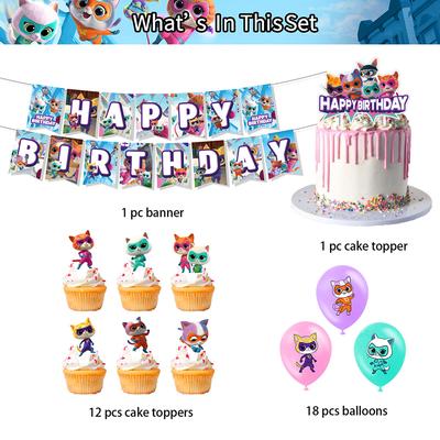 32 Pcs Super Kitties Party Supplies Including Cupcake Toppers Banner Balloons